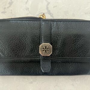 Tory Burch Continental Wallet Black Pebbled Leather w/Gold-Tone Hardware